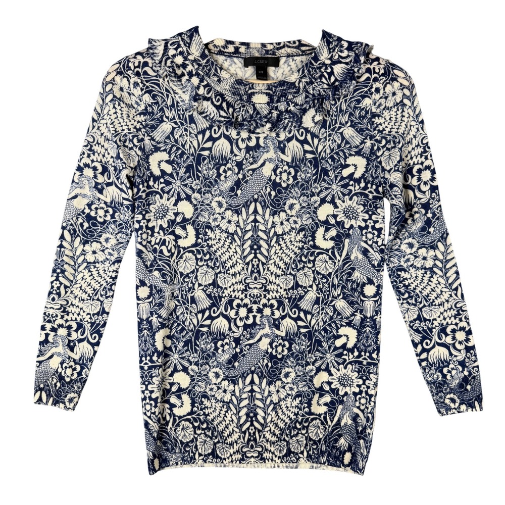 J.Crew Tippi Sweater in Mermaid Floral Blue White 100% Merino Wool XXS G1054